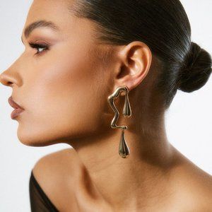 Gold Abstract Curved Drop Statement Earrings Exaggerated Irregular & Asymmetrica